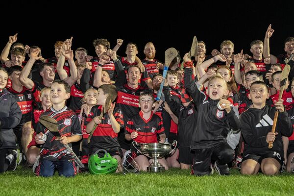 Naomh Moling vs Mt. Leinster Rangers Mount Leinster Rangers team celebrates with young supporters Photo: ©INPHO/James Lawlor