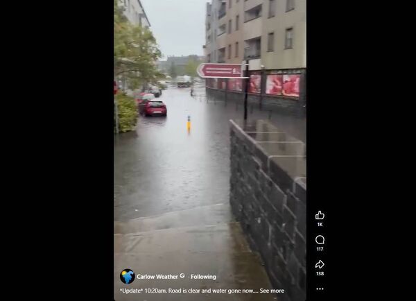 Screenshot of flooding at Hay Market, Carlow town, captured by Carlow Weather's Alan O'Reilly Screenshot of flooding at Hay Market, Carlow town, captured by Carlow Weather's Alan O'Reilly