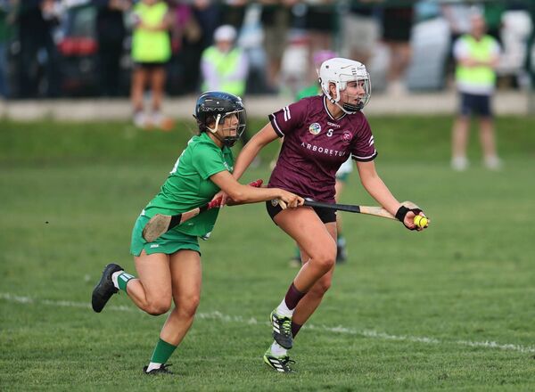 Naomh Brid captain Helen Roche comes under pressure from St Mulins' Amy Doyle. Photos: Pat Ahern. Naomh Brid captain Helen Roche comes under pressure from St Mulins' Amy Doyle. Photos: Pat Ahern.