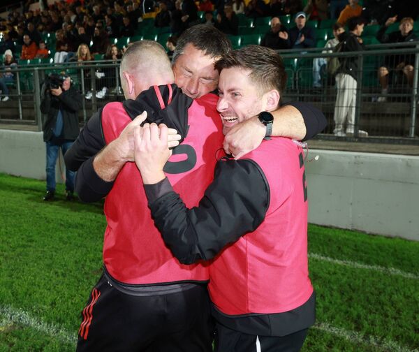 Rangers Manager Niall Bergin celebrates with Willie Hickey and Seamus Kelly at the final whistle. Rangers Manager Niall Bergin celebrates with Willie Hickey and Seamus Kelly at the final whistle.