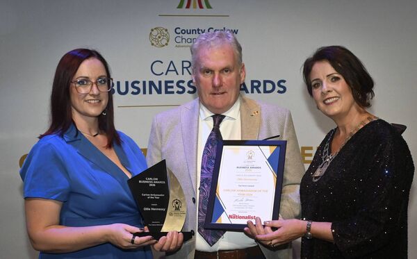 Carlow Ambassador of the Year Ollie Hennessy receives his award from Natasha Bolger, commercial manager of 'The Nationalist', and Chamber president Norah Ryan Carlow Ambassador of the Year Ollie Hennessy receives his award from Natasha Bolger, commercial manager of 'The Nationalist', and Chamber president Norah Ryan