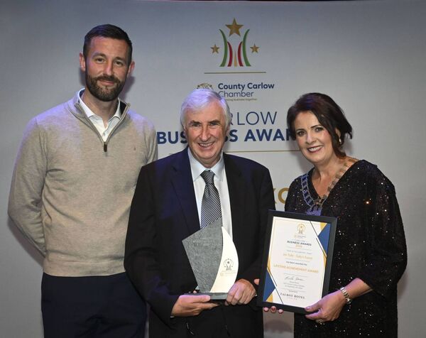 Lifetime Achievement Award: Joe Tully of Tully's Travel accepts the award from Daniel McCarthy of the Talbot Hotel Carlow, and Chamber president Norah Ryan Lifetime Achievement Award: Joe Tully of Tully's Travel accepts the award from Daniel McCarthy of the Talbot Hotel Carlow, and Chamber president Norah Ryan