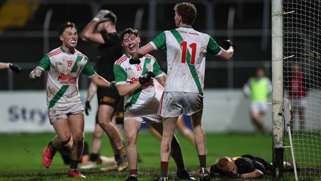 <p>Palatine's Peter Lynch, Luke Byrne and Oran O'Boyle celebrate Palatine's late goal against Leighlinbridge. Photo: Pat Ahern</p>