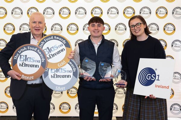 Luke O'Donnell from Sunshine Juice, Carlow who won gold, silver and bronze at the Blas na hÉireann Awards 2026. Presented by John Sheehy and Cathy Browne