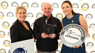 <p>Shane Coffey from Carlow Brewing who won silver at the Blas na hÉireann Awards 2026 in Dingle. Presented by Rachel Clifford and Maria Svejdar</p>
