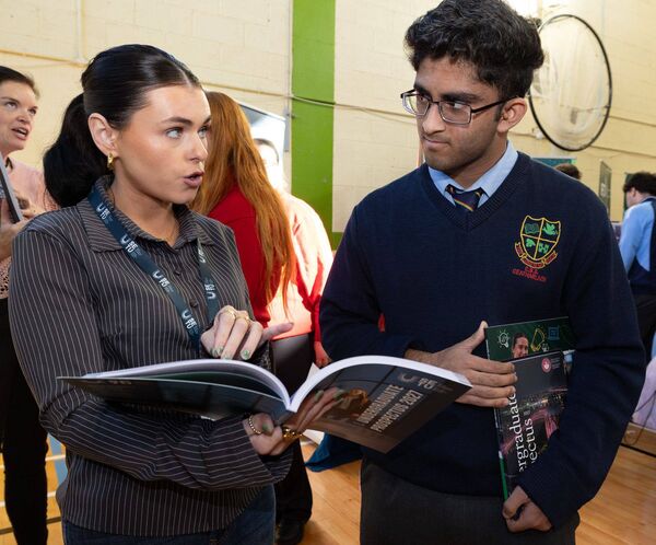 Molly Storey from SETU discusses the undergraduate prospectus with Jarnail Singh from St Mary's Academy CBS Molly Storey from SETU discusses the undergraduate prospectus with Jarnail Singh from St Mary's Academy CBS