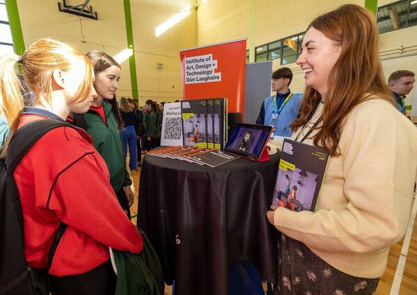 Rebecca Kelly from the Institute of Art, Design and Technology, Dún Laoghaire chats with Ella Kinsella and Aoife Fitzpatrick from St Leo's College Rebecca Kelly from the Institute of Art, Design and Technology, Dún Laoghaire chats with Ella Kinsella and Aoife Fitzpatrick from St Leo's College