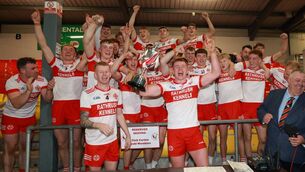 <p>Ballon joint captains Dan O'Connor and Conor Bolger lift the Talbot Hotel Intermediate trophy after their defeat of Tinryland. Photo: Pat Ahern</p> <p>Ballon joint captains Dan O'Connor and Conor Bolger lift the Talbot Hotel Intermediate trophy after their defeat of Tinryland. Photo: Pat Ahern</p>