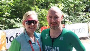 <p>Lara and Bryan Duignan at the World Transplant Games in Dresden in 2025.</p>