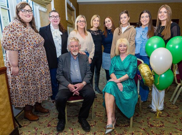 Jim and Dora with staff who worked with them throughout the years; Karen Kelly, Sharon O'Gorman, Amy Lawlor, Clare Burke, Aisling Whelan, Niamh O'Reilly, Rachel McDonald and Katelyn O'Reilly