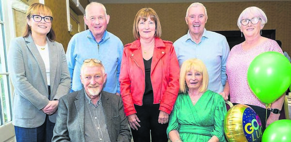 Jim and Dora with members of the Killeshin Community Centre committee: Imelda Whelan, Fr John Dunphy, Breda McDonald, Laurence Phelan and Helen Dunne